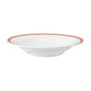 Porzellan Teller für Salat in weiß am Tellerrand mit einem schmalen roten Farbband dekoriert