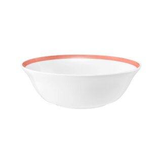 Salatschüssel Porzellan in weiß und oben am Rand auf der Innenseite mit einem schmalen roten Farbband dekoriert