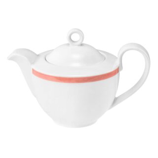Teekännchen Porzellan in weiß oben am Rand mit einem schmalen roten Farbband dekoriert