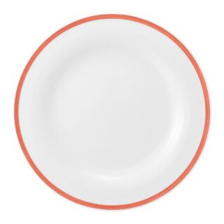 Porzellan Teller in weiß am Tellerrand mit einem schmalen roten Farbband dekoriert