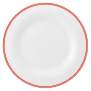 Porzellan Teller in weiß am Tellerrand mit einem schmalen roten Farbband dekoriert