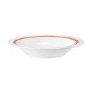 Porzellan Teller tief in weiß am Tellerrand mit einem schmalen roten Farbband dekoriert