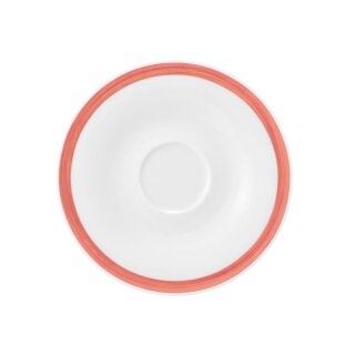 Porzellan Espresso Untertasse in weiß mit einem schmalen roten Farbband dekoriert