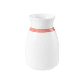 Porzellan Blumenvase in weiß und oben am Rand mit einem schmalen roten Farbband dekoriert