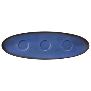 Porzellan Platte oval in stabiler Gastronomie Qualität mit einer Coup Form ohne Fahne und drei Vertiefungen für Schälchen, von unten weiß und von oben in der Farbeblau mit einem dunklem Rand am Plattenrand