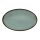 Porzellan Platte oval in stabiler Gastronomie Qualität mit einer Coup Form ohne Fahne von unten weiß und von oben in der Farbe türkis mit einem dunklem Rand am Plattenrand