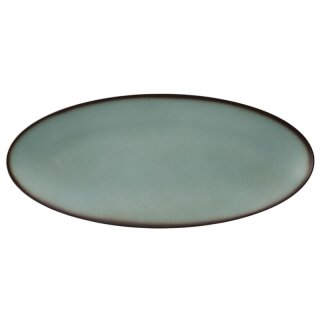 Porzellan Platte oval in stabiler Gastronomie Qualität mit einer Coup Form ohne Fahne von unten weiß und von oben in der Farbe türkis mit einem dunklem Rand am Plattenrand