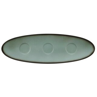 Porzellan Platte oval in stabiler Gastronomie Qualität mit einer Coup Form ohne Fahne und drei Vertiefungen für Schälchen, von unten weiß und von oben in der Farbetürkis mit einem dunklem Rand am Plattenrand