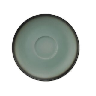 Porzellan Untertasse in stabiler Gastronomie Qualität mit einer Coup Form ohne Fahne von unten weiß und von oben in der Farbe türkis mit einem dunklem Rand am Untertassenrand