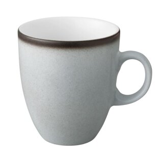 Kaffeebecher Porzellan stabiler Gastronomie Qualität in einer runden Form mit Henkel von innen weiß und von aussen in der Farbe grau mit einem dunklem Rand am Trinkrand