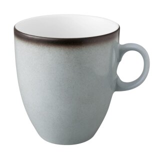 Kaffeebecher Porzellan stabiler Gastronomie Qualität in einer runden Form mit Henkel von innen weiß und von aussen in der Farbe grau mit einem dunklem Rand am Trinkrand