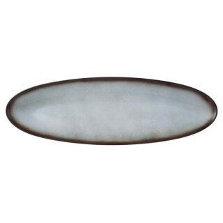 Porzellan Platte oval in stabiler Gastronomie Qualität mit einer Coup Form ohne Fahne von unten weiß und von oben in der Farbe grau mit einem dunklem Rand am Plattenrand