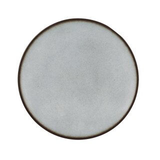 Porzellan Teller in stabiler Gastronomie Qualität mit einer Coup Form ohne Fahne von unten weiß und von oben in der Farbe grau mit einem dunklem Rand am Tellerrand