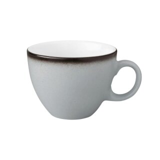 Kaffeetasse Porzellan stabiler Gastronomie Qualität in einer runden Form mit Henkel von innen weiß und von aussen in der Farbe grau mit einem dunklem Rand am Trinkrand