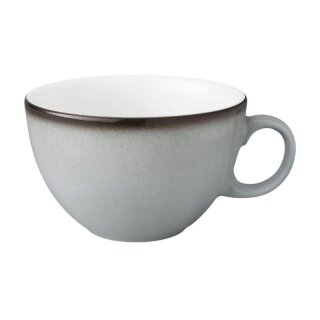 Milchkaffeetasse Porzellan stabiler Gastronomie Qualität in einer runden Form mit Henkel von innen weiß und von aussen in der Farbe grau mit einem dunklem Rand am Trinkrand