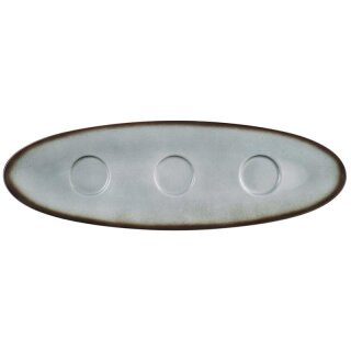 Porzellan Platte oval in stabiler Gastronomie Qualität mit einer Coup Form ohne Fahne und drei Vertiefungen für Schälchen, von unten weiß und von oben in der Farbegrau mit einem dunklem Rand am Plattenrand