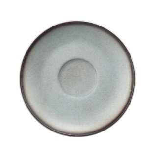 Porzellan Untertasse in stabiler Gastronomie Qualität mit einer Coup Form ohne Fahne von unten weiß und von oben in der Farbe grau mit einem dunklem Rand am Untertassenrand