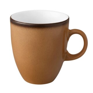 Kaffeebecher Porzellan stabiler Gastronomie Qualität in einer runden Form mit Henkel von innen weiß und von aussen in der Farbe braun mit einem dunklem Rand am Trinkrand