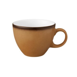 Kaffeetasse Porzellan stabiler Gastronomie Qualität in einer runden Form mit Henkel von innen weiß und von aussen in der Farbe braun mit einem dunklem Rand am Trinkrand
