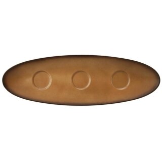 Porzellan Platte oval in stabiler Gastronomie Qualität mit einer Coup Form ohne Fahne und drei Vertiefungen für Schälchen, von unten weiß und von oben in der Farbebraun mit einem dunklem Rand am Plattenrand