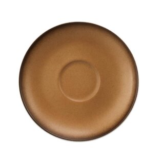 Porzellan Untertasse in stabiler Gastronomie Qualität mit einer Coup Form ohne Fahne von unten weiß und von oben in der Farbe braun mit einem dunklem Rand am Untertassenrand