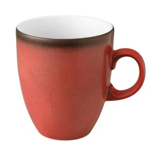 Kaffeebecher Porzellan stabiler Gastronomie Qualität in einer runden Form mit Henkel von innen weiß und von aussen in der Farbe rot mit einem dunklem Rand am Trinkrand