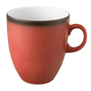 Kaffeebecher Porzellan stabiler Gastronomie Qualität in einer runden Form mit Henkel von innen weiß und von aussen in der Farbe rot mit einem dunklem Rand am Trinkrand
