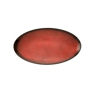 Porzellan Platte oval in stabiler Gastronomie Qualität mit einer Coup Form ohne Fahne von unten weiß und von oben in der Farbe rot mit einem dunklem Rand am Plattenrand