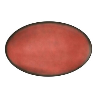 Porzellan Platte oval in stabiler Gastronomie Qualität mit einer Coup Form ohne Fahne von unten weiß und von oben in der Farbe rot mit einem dunklem Rand am Plattenrand