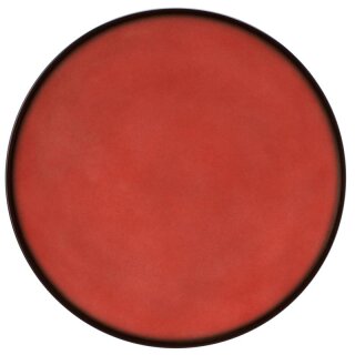 Porzellan Teller in stabiler Gastronomie Qualität mit einer Coup Form ohne Fahne von unten weiß und von oben in der Farbe rot mit einem dunklem Rand am Tellerrand
