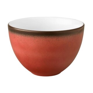 Kaffeetasse Porzellan stabiler Gastronomie Qualität in einer runden Form ohne Henkel von innen weiß und von aussen in der Farbe rot mit einem dunklem Rand am Trinkrand