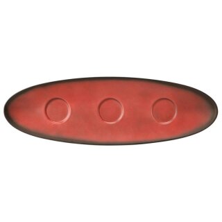 Porzellan Platte oval in stabiler Gastronomie Qualität mit einer Coup Form ohne Fahne und drei Vertiefungen für Schälchen, von unten weiß und von oben in der Farberot mit einem dunklem Rand am Plattenrand