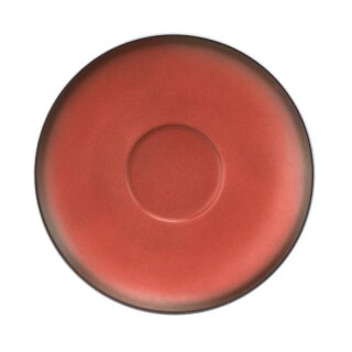 Porzellan Untertasse in stabiler Gastronomie Qualität mit einer Coup Form ohne Fahne von unten weiß und von oben in der Farbe rot mit einem dunklem Rand am Untertassenrand