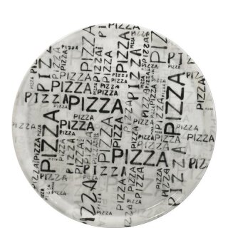 Weisser Pizzateller mit Dekor Pizza in unterschiedlichen Schriftzügen. Teller Durchmesser 31 cm