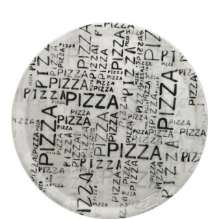 Weisser Pizzateller mit Dekor Pizza in unterschiedlichen Schriftzügen. Teller Durchmesser 33 cm