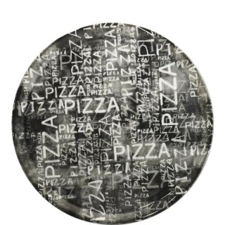 Schwarzer Pizzateller mit Dekor. Pizza in unterschiedlichen weißen Schriftzügen. Teller Durchmesser 33 cm