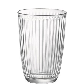 Trendiges Trinkglas mit einer Längsrillen Struktur im Glas und eine Inhalt von 39 cl