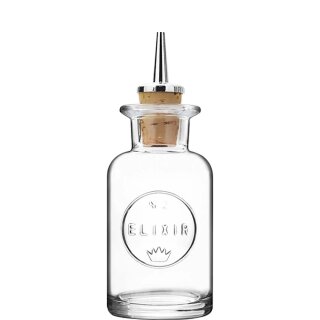 Runde Dash Flasche mit Metallausgiesser. Glasoberfläche glatt und mit dem Schriftzug Elixir No.2 versehen.