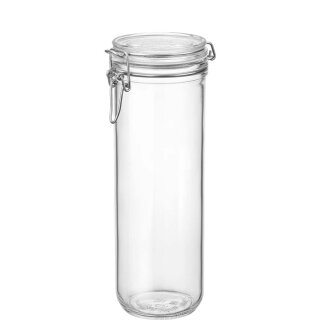 Rundes, zylindrisches Einmachglas mit Glasdeckel und einem Bügelverschluß aus Metall