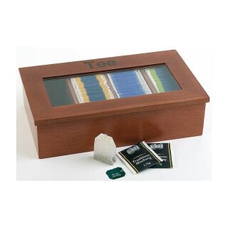 Teebox aus Holz dunkel, mit Aufschrift, 33,5 x 20 cm, Höhe 9 cm