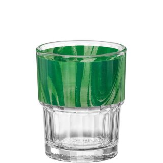 Lyon Optique Tumbler stapelbar aus der Serie Natura Green, transparentes Wasserglas mit einem Stapelrand und mit einem grünen rundum Dekor am oberen Rand
