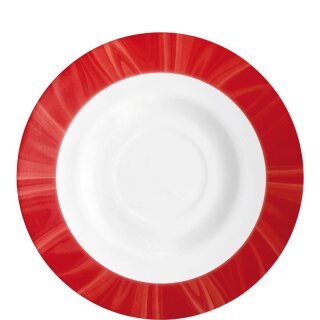 Untertasse aus der Serie Natura Red, weißes Geschirr mit einem roten Dekor auf dem Rand der Untertasse