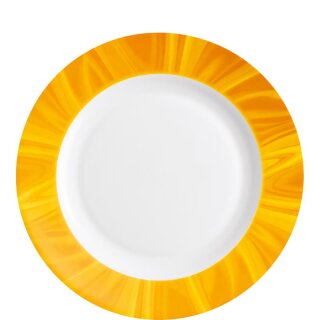 Teller flach aus der Serie Natura Yellow, weißes Geschirr mit einem gelben Dekor auf dem Tellerrand