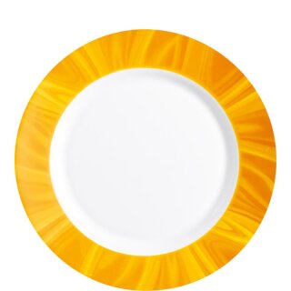 Teller flach aus der Serie Natura Yellow, weißes Geschirr mit einem gelben Dekor auf dem Tellerrand