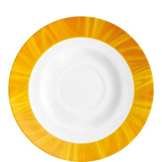 Untertasse aus der Serie Natura Yellow, weißes Geschirr mit einem gelben Dekor auf dem Rand der Untertasse